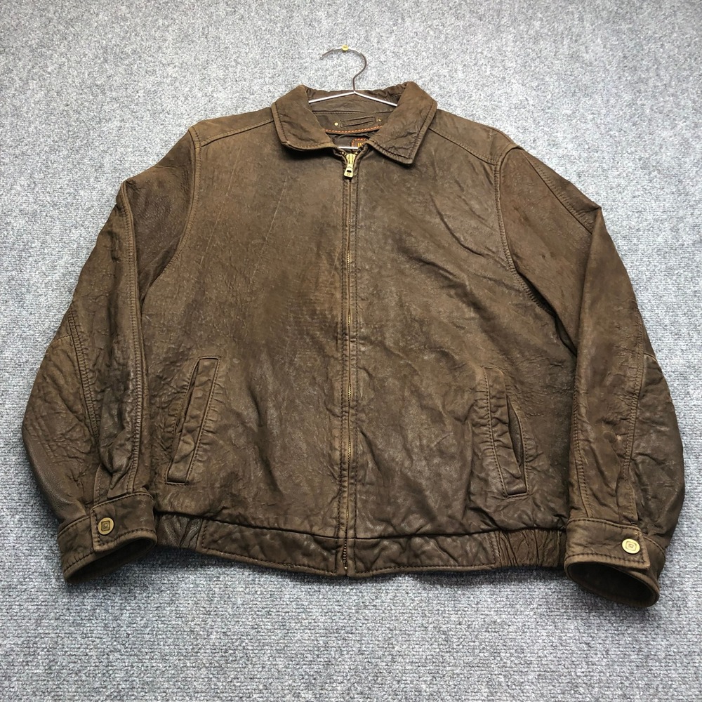 Wilsons Leather LW Mens Brown Distressed Bomber Jacket Full Zip Large Vintage